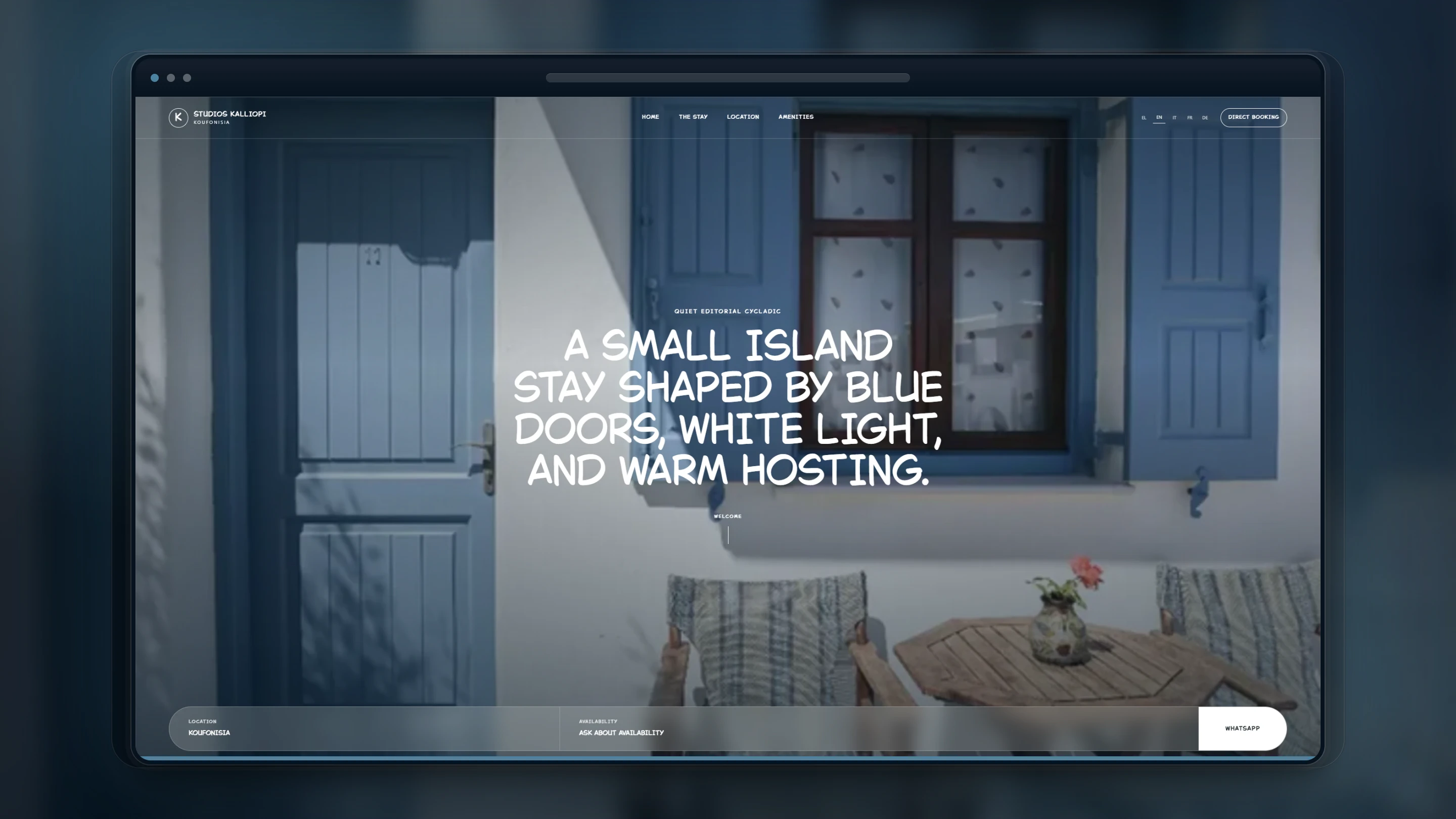 Studios Kalliopi hospitality website presented in a high-resolution browser frame