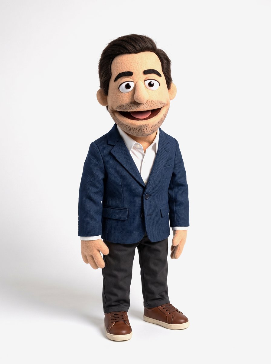 Felt puppet of Ioannis Bekas in a navy blazer, white shirt and charcoal chinos