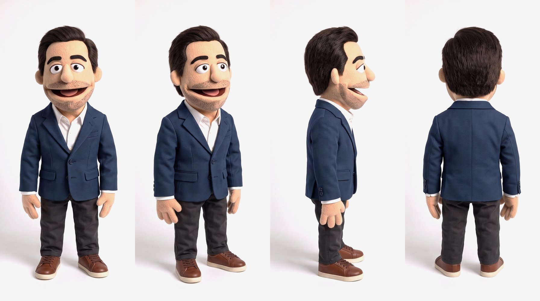 Turnaround sheet: front, three-quarter, side and back views of the puppet